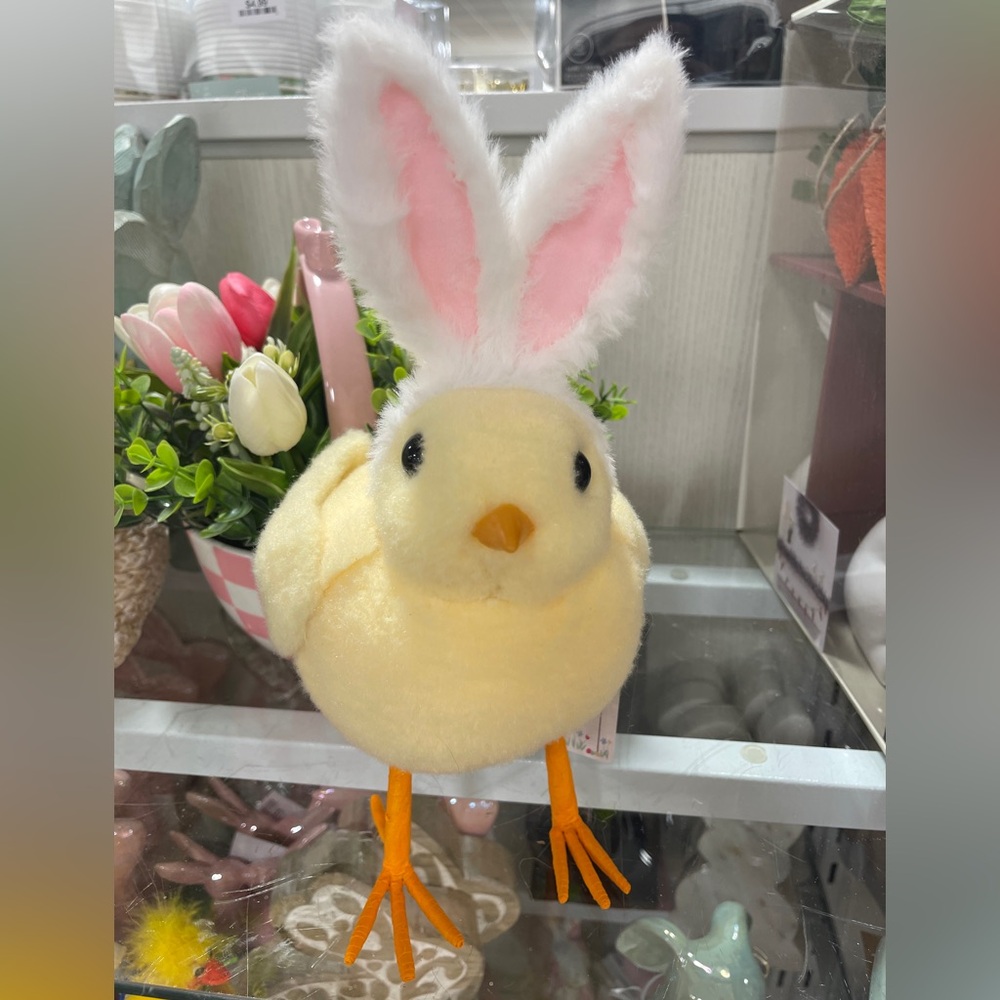 Spring Easter Chick with Bunny Ears Fluffy Tabletop Decor NWT